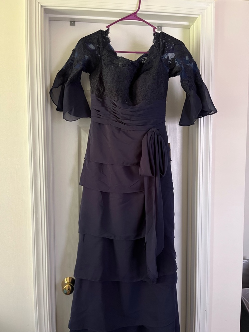 NWT Navy Lace Tiered Maxi Dress with Sheer Sleeve Detail
